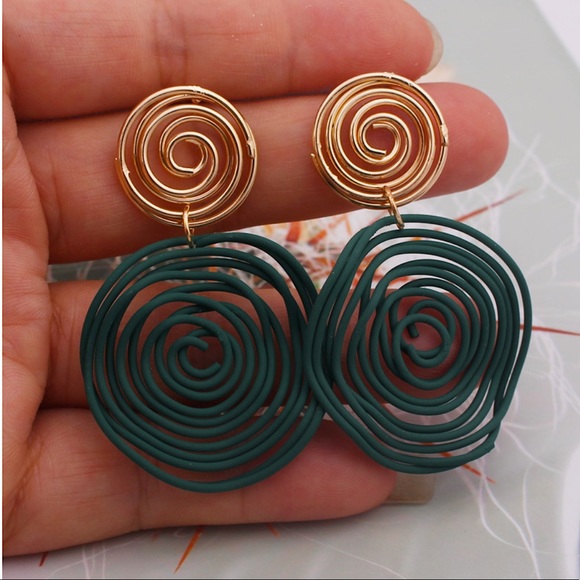 "Kendra" Asymmetrical Retro Hoop Gold Turquoise Abstract Art Geometric Earrings - Picture 5 of 10